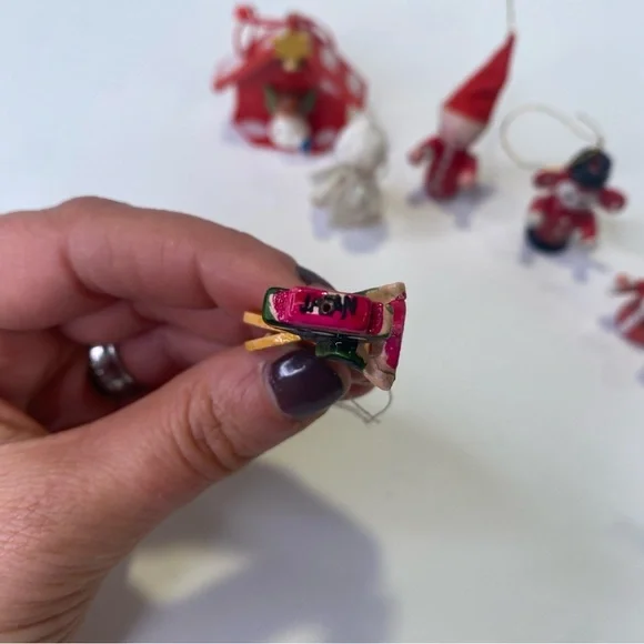 Group of 7 Tiny Ornaments Wooden Hand Painted Made in Japan Red Angels Monkey